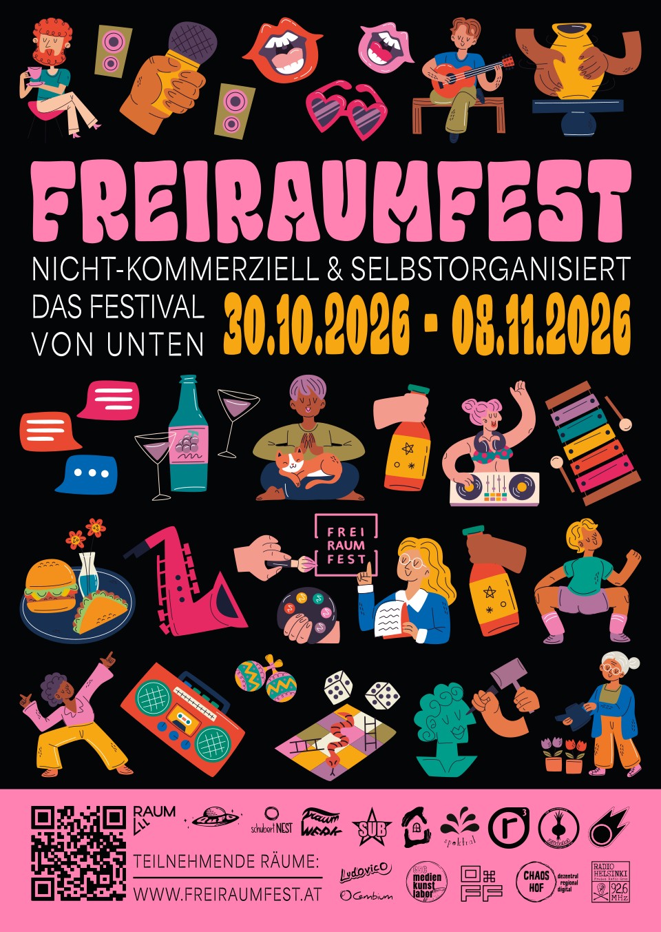 Freiraumfest 2026 Plakat in Graz von 30.10.--08.11.2026 in allen selbstorganisierten Räumen mit vielen Initiativen